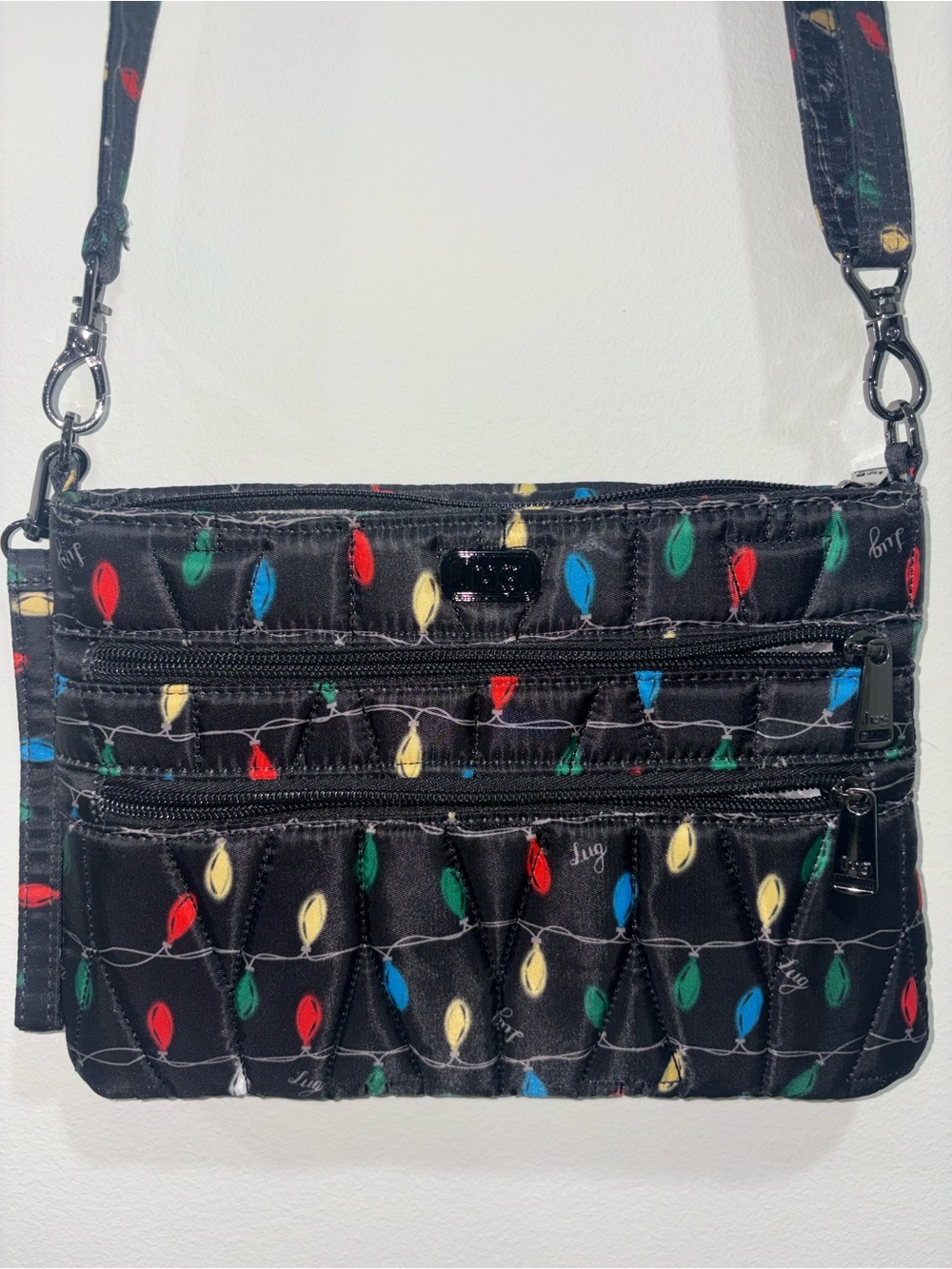 lug Black Crossbody Bag with Multicolor Holiday Light Print